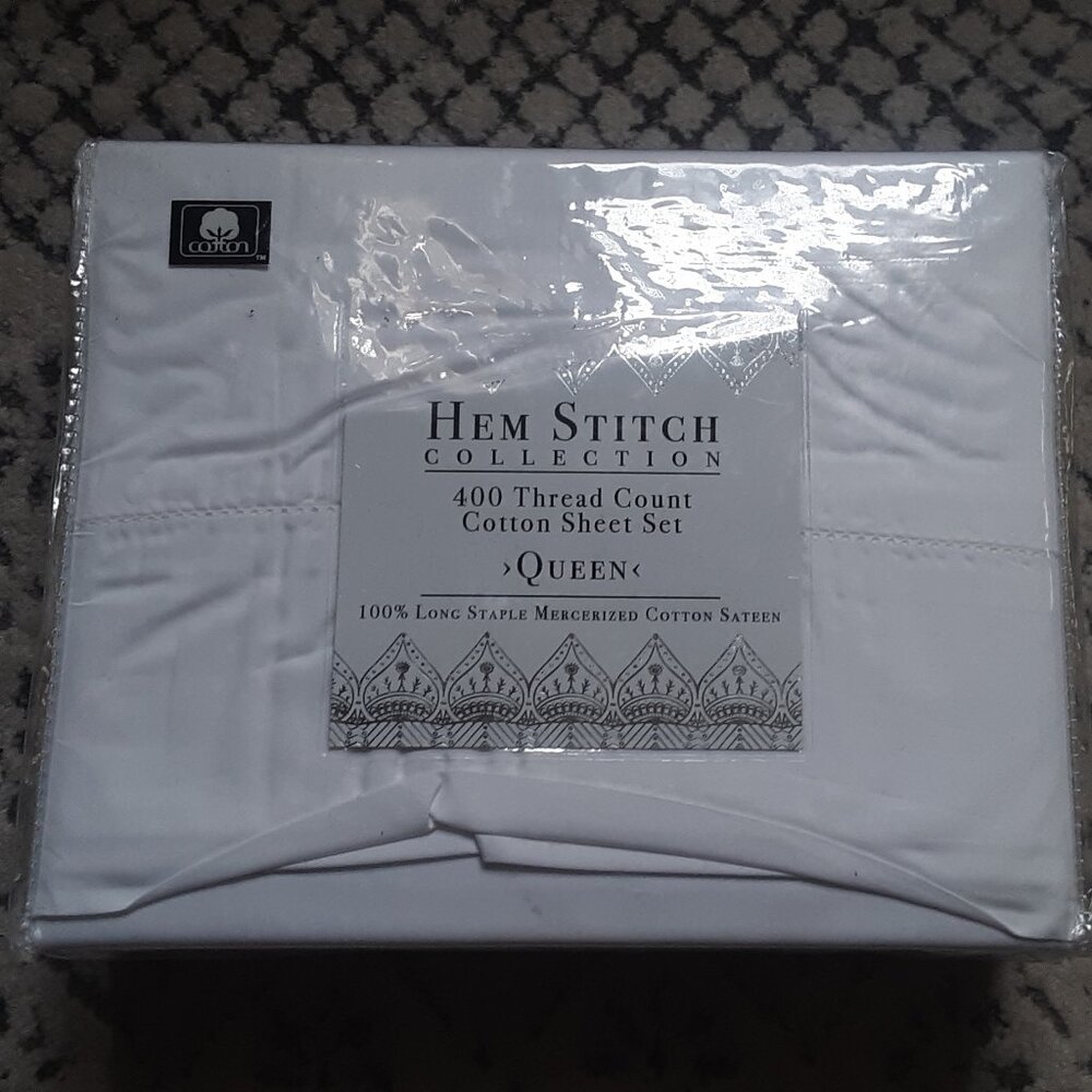 Hem Stitch Collection White Queeen Sheet Set. Up to 17 inches Deep Pocket